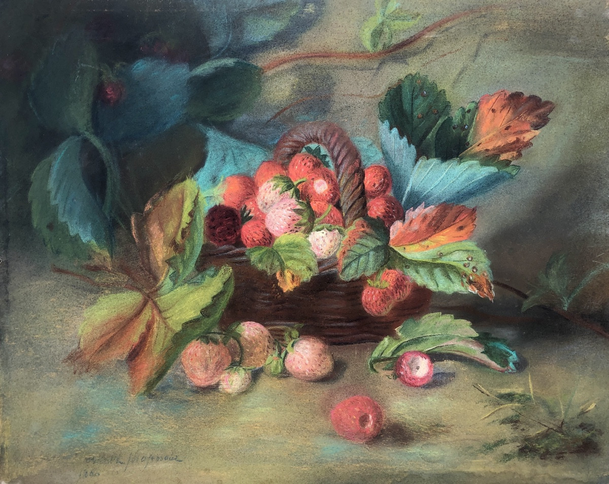 Nature Morte Aux Fraises, 1860, Signature à Déchiffrer I