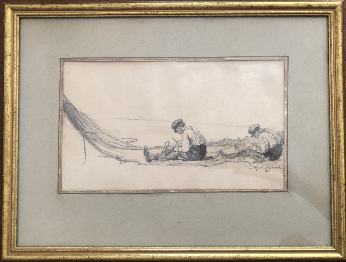 René Aubert 1894-1977 Two Fishermen On The Beach, 1927, Art Deco-photo-2