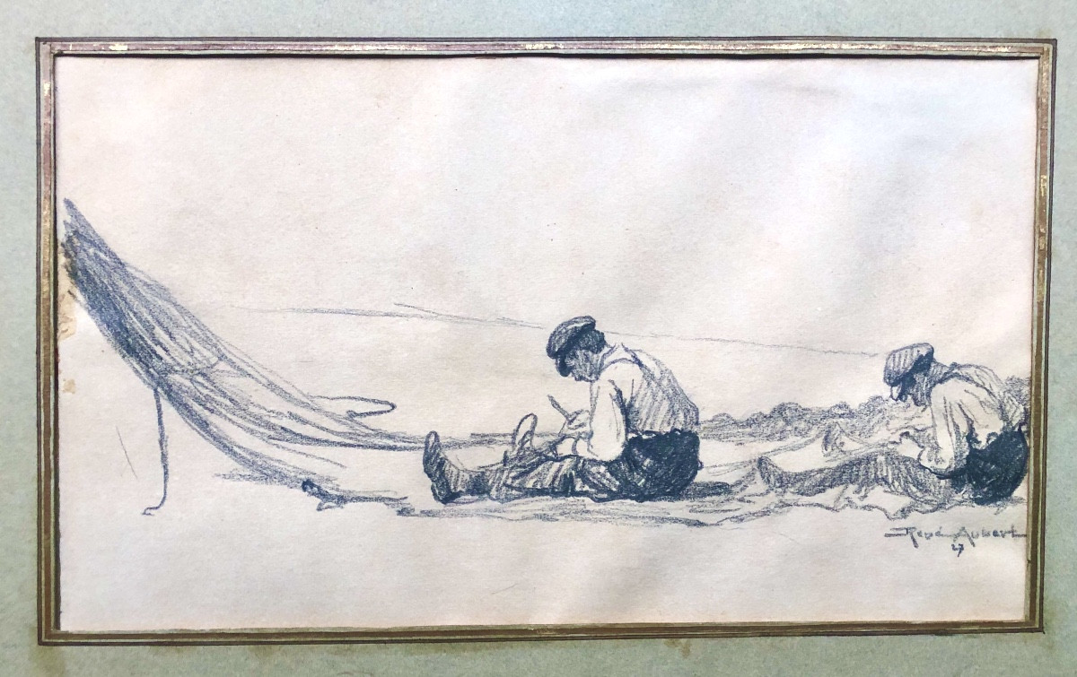 René Aubert 1894-1977 Two Fishermen On The Beach, 1927, Art Deco-photo-1