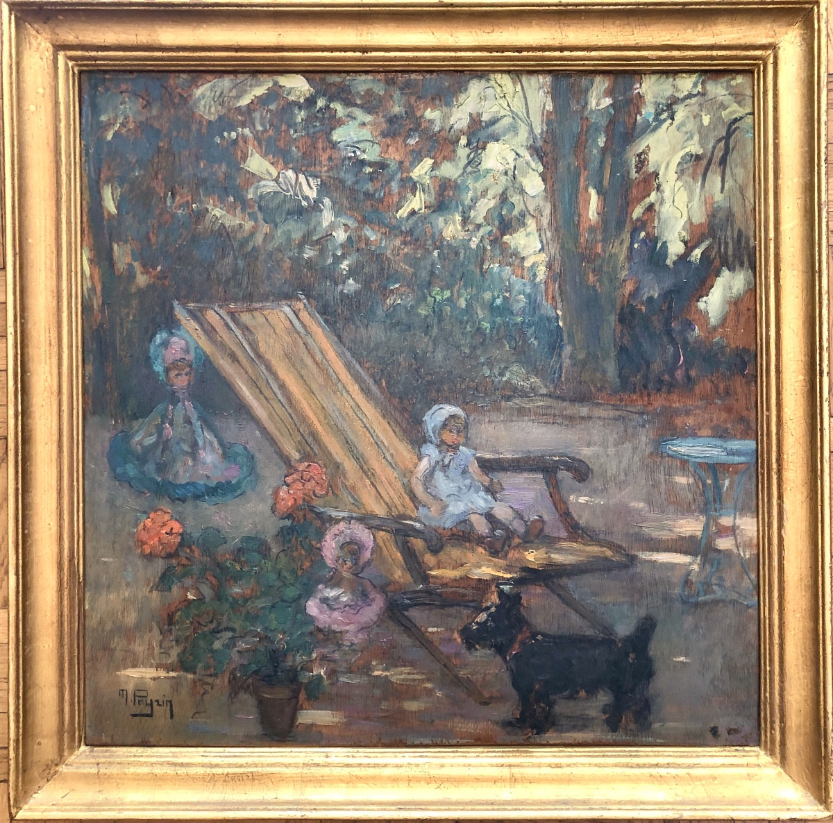Marguerite Peyrin (1911-1964) Garden Scene With Dog, Art Deco, Oil On Wood -photo-3