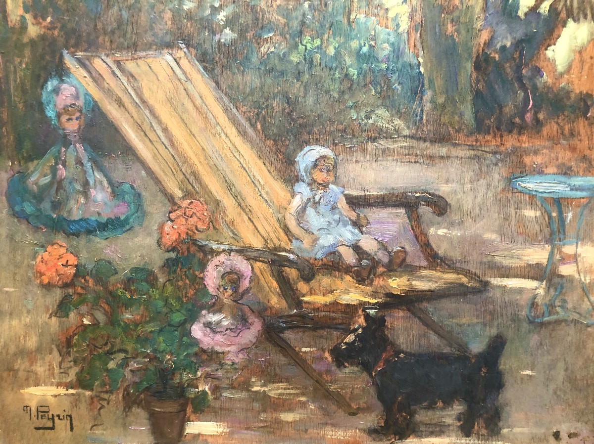 Marguerite Peyrin (1911-1964) Garden Scene With Dog, Art Deco, Oil On Wood 