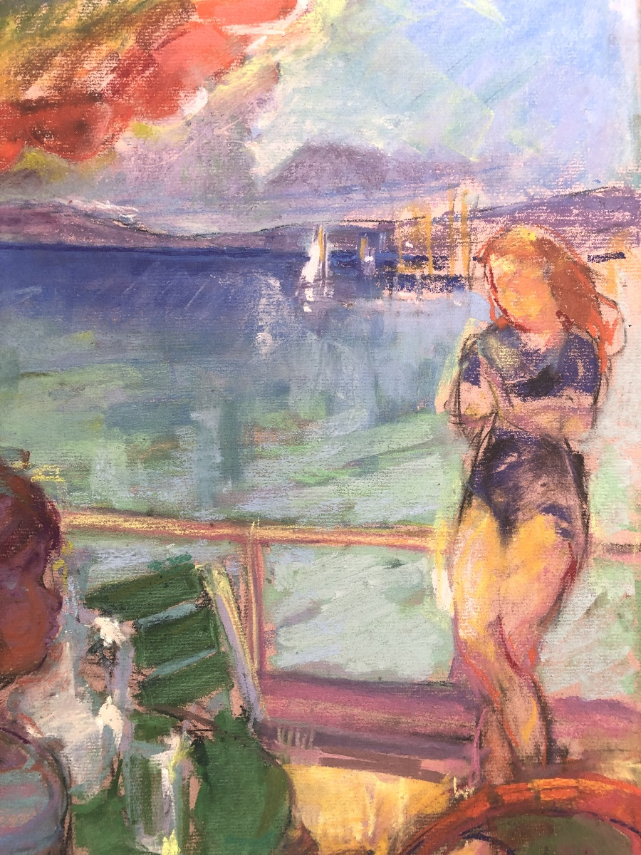 Suzanne Blanche Kaerling (1902-1985) Au bord de la mer, pastel Art Déco-photo-4