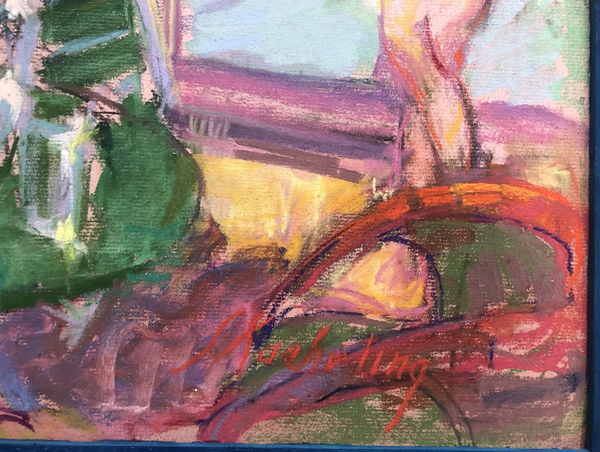 Suzanne Blanche Kaerling (1902-1985) Au bord de la mer, pastel Art Déco-photo-1
