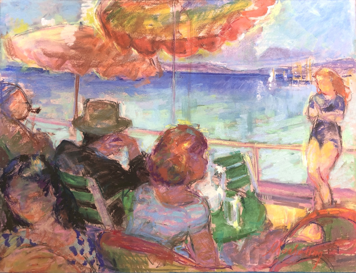 Suzanne Blanche Kaerling (1902-1985) Au bord de la mer, pastel Art Déco