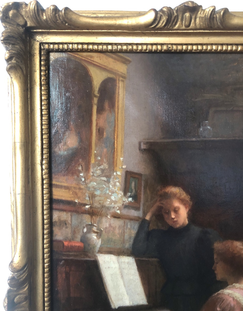 Etienne Azambre (1859-1935) The Piano Lesson, Oil On Wood, Late 19th Century-photo-2