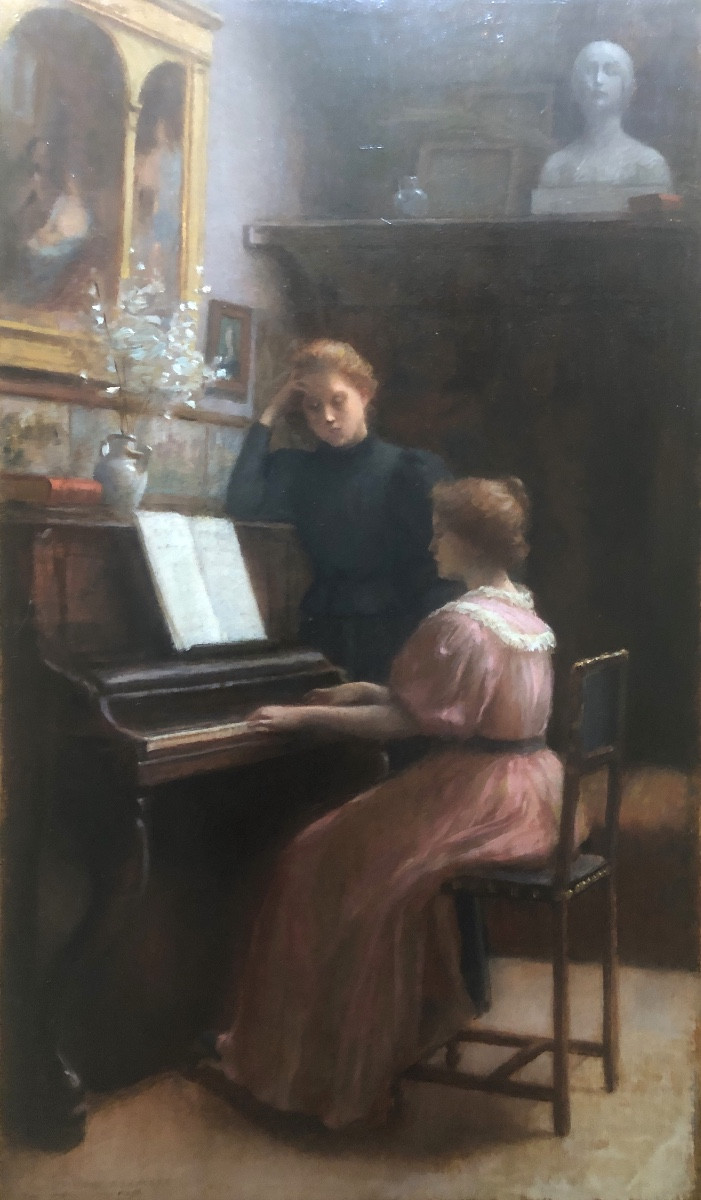 Etienne Azambre (1859-1935) The Piano Lesson, Oil On Wood, Late 19th Century-photo-3