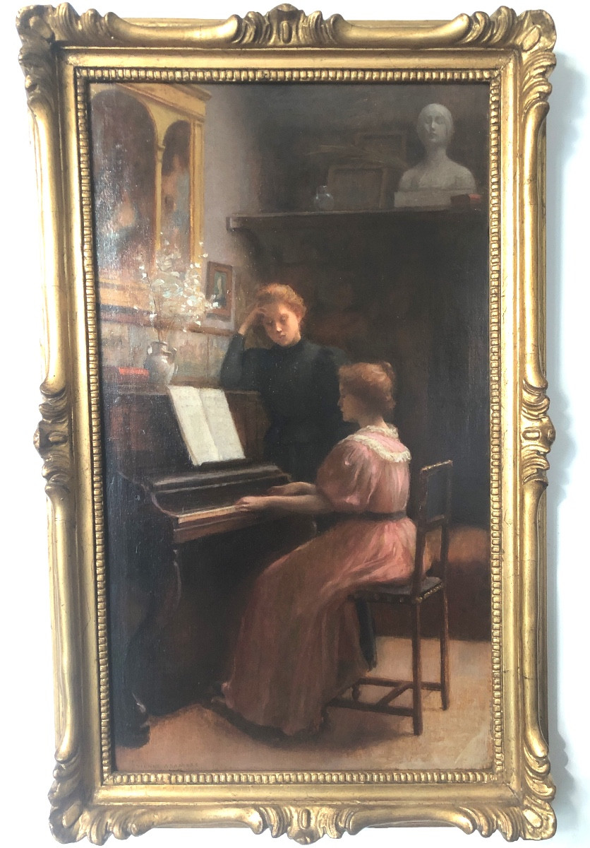 Etienne Azambre (1859-1935) The Piano Lesson, Oil On Wood, Late 19th Century