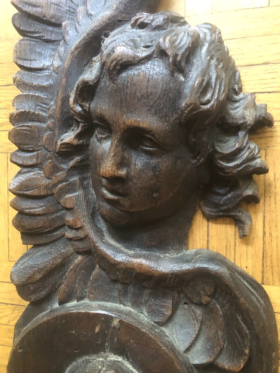 Winged Angel In Oak Wood, 17th Century-photo-3