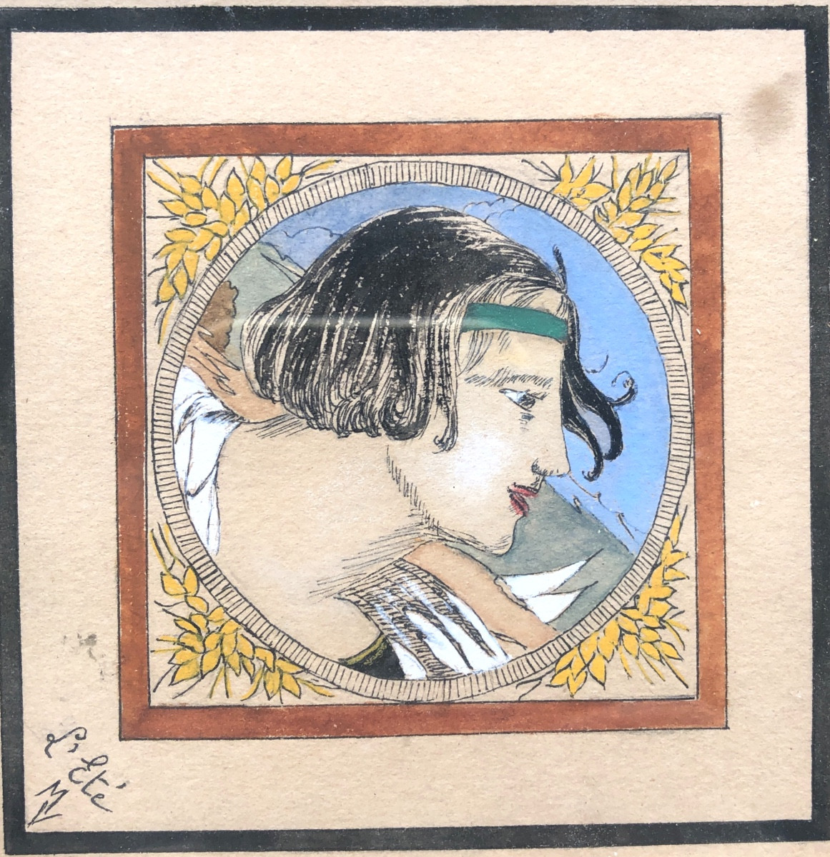 Four Framed Gouaches Monogrammed Mv, Art Nouveau, The 4 Seasons-photo-2