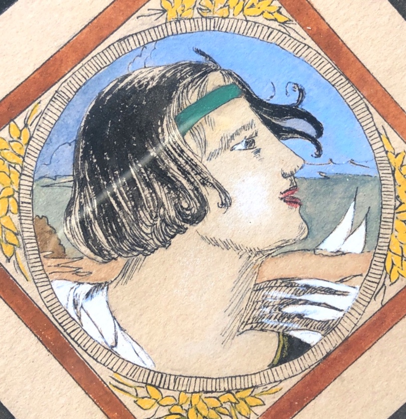 Quatre gouaches encadrées monogrammé M.V, Art Nouveau, les 4 saisons-photo-2