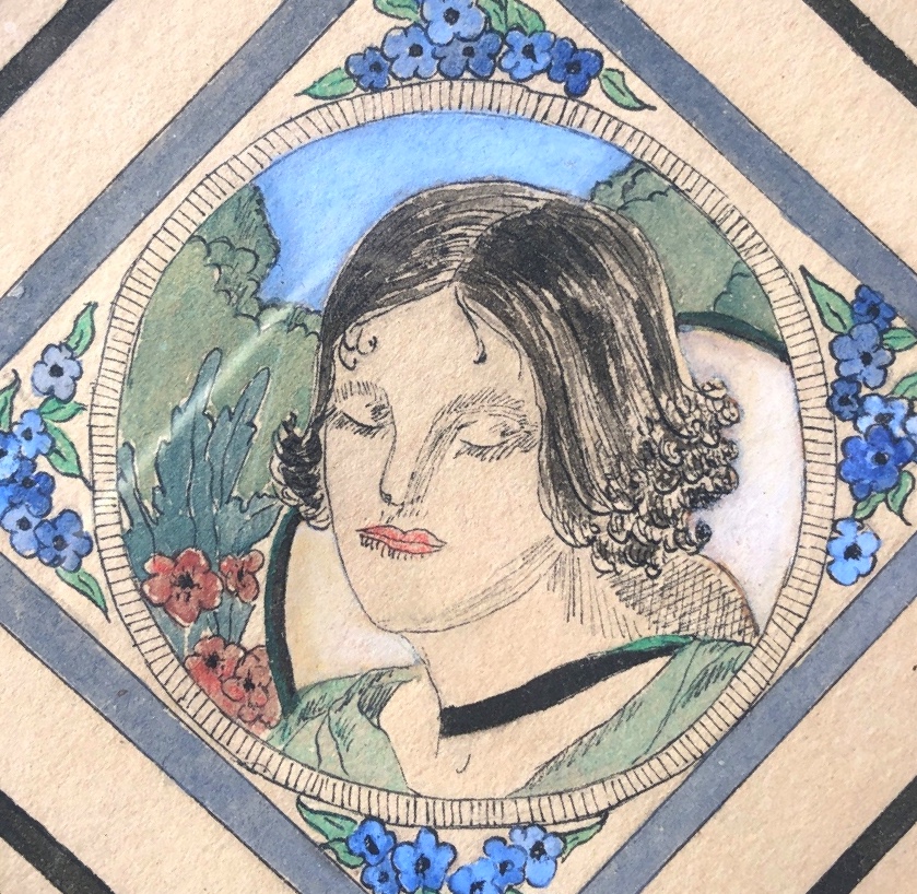 Quatre gouaches encadrées monogrammé M.V, Art Nouveau, les 4 saisons-photo-3