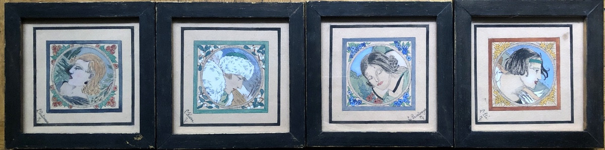 Four Framed Gouaches Monogrammed Mv, Art Nouveau, The 4 Seasons-photo-2