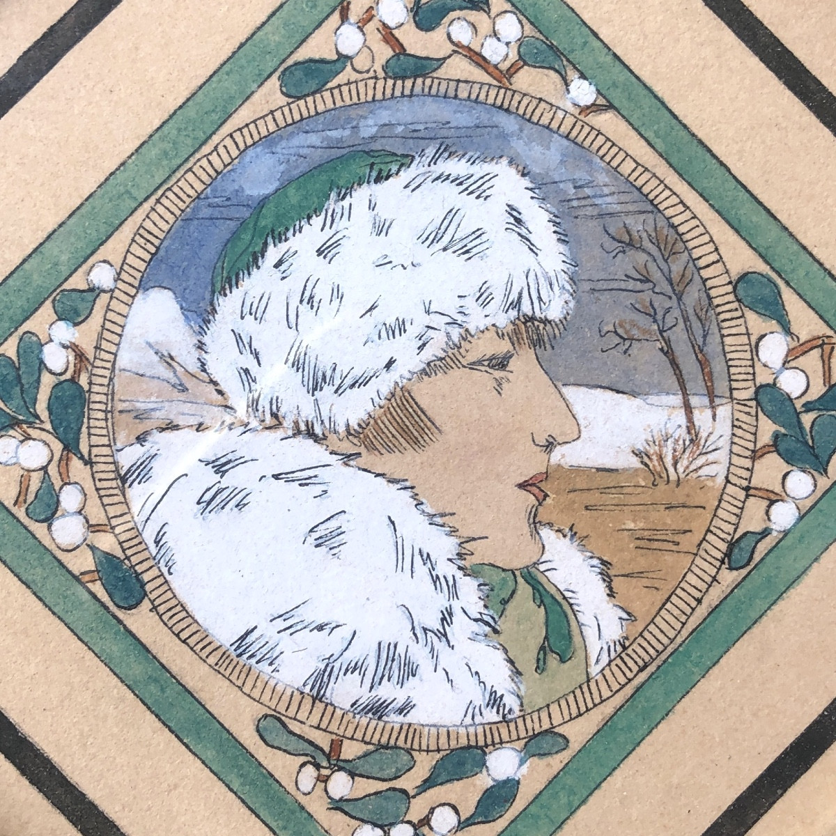 Quatre gouaches encadrées monogrammé M.V, Art Nouveau, les 4 saisons