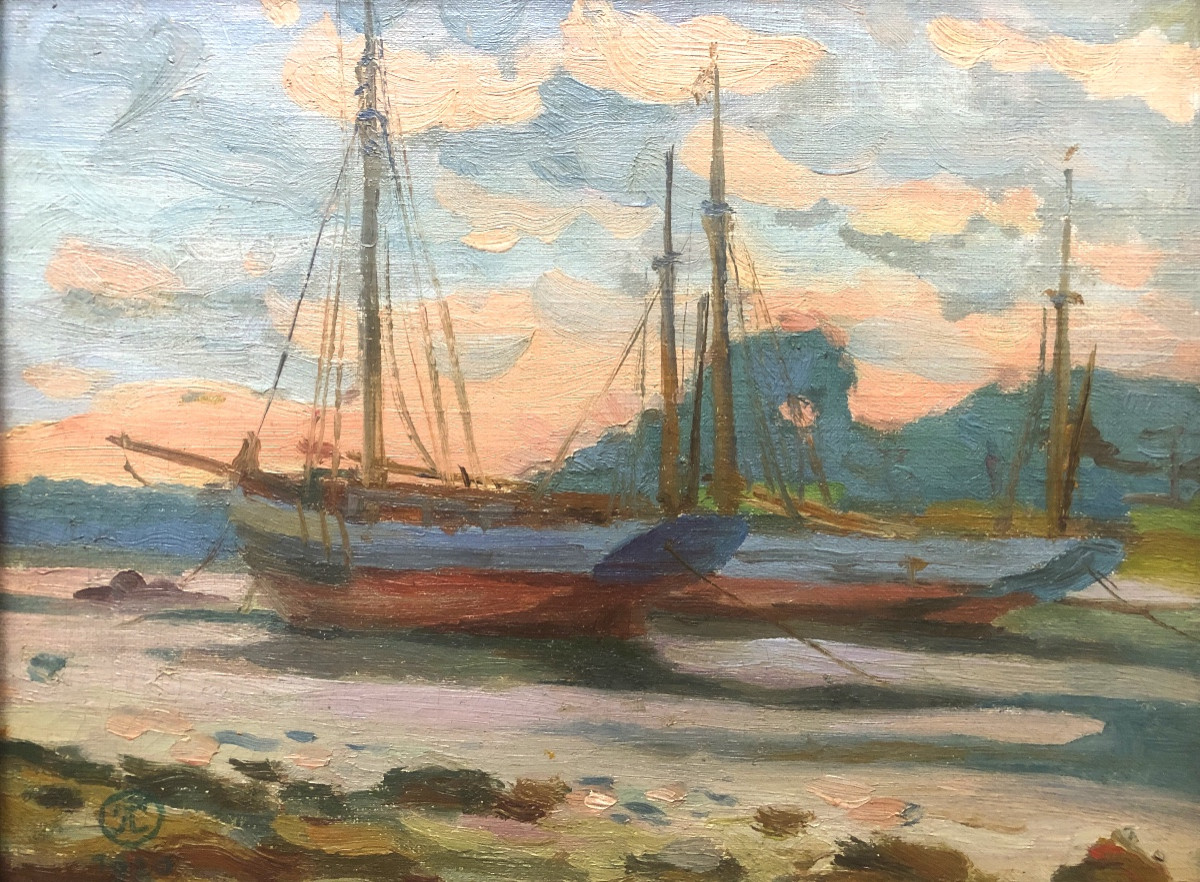 Ecole française 1920, Rivière de Pont Aven, Marine  monogrammé J.C-photo-2