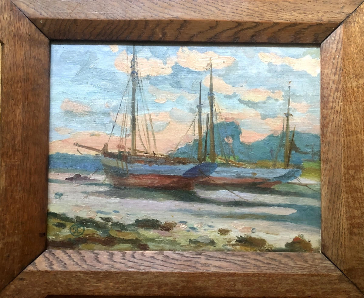 Ecole française 1920, Rivière de Pont Aven, Marine  monogrammé J.C