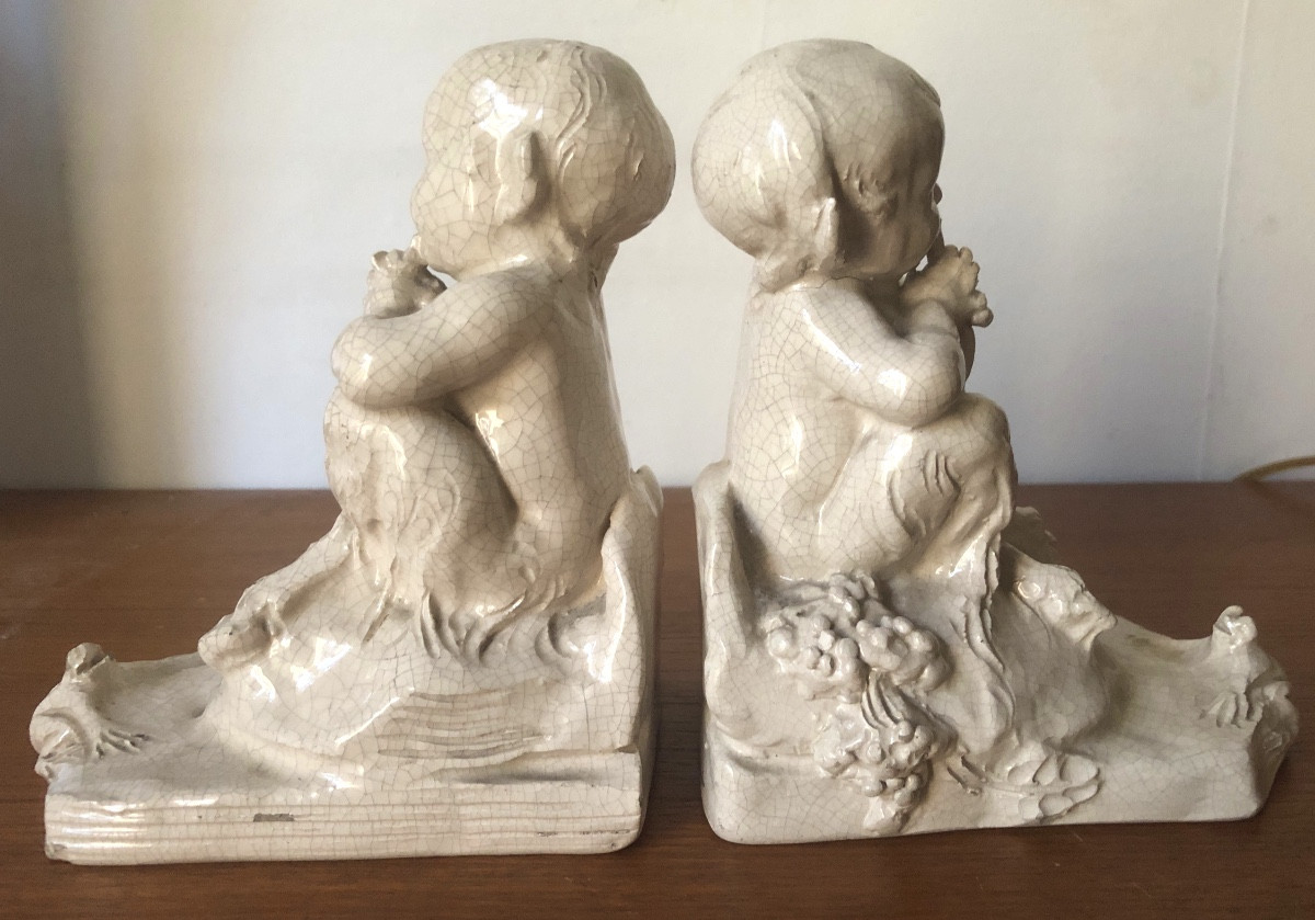 Deux bébés faunes en craquelée années 1930 signé Conill serres-livres-photo-2