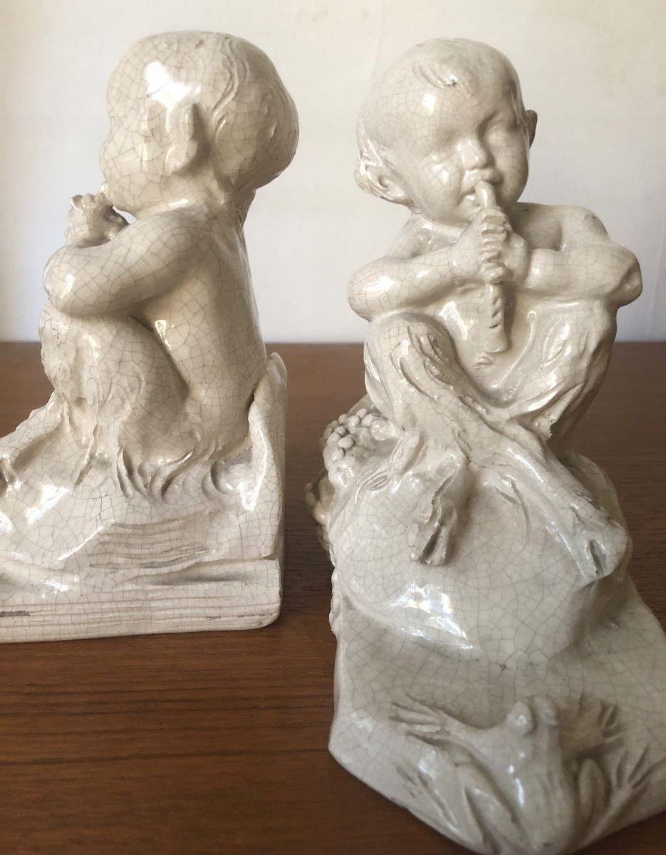 Deux bébés faunes en craquelée années 1930 signé Conill serres-livres-photo-1