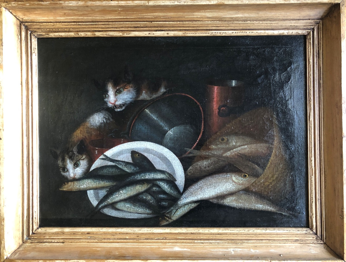 Nature Morte Espagnol XVIII siècle aux chats et poissons suiveur de Miguel Parra -photo-2