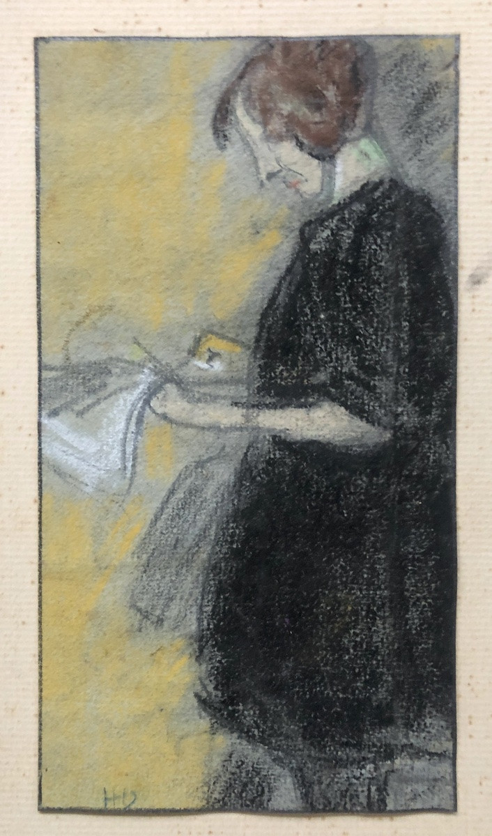 Three Pastel Figures, Monogram Hd, Art Nouveau Period-photo-4