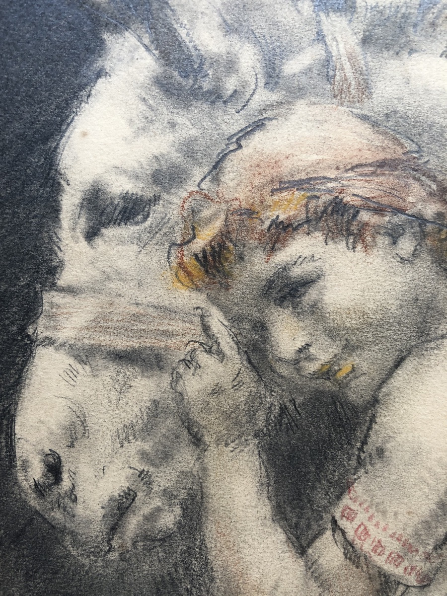 Georges Villa (1883-1965) L'enfant et l'âne, Dessin coloré 1942, Art Déco-photo-2