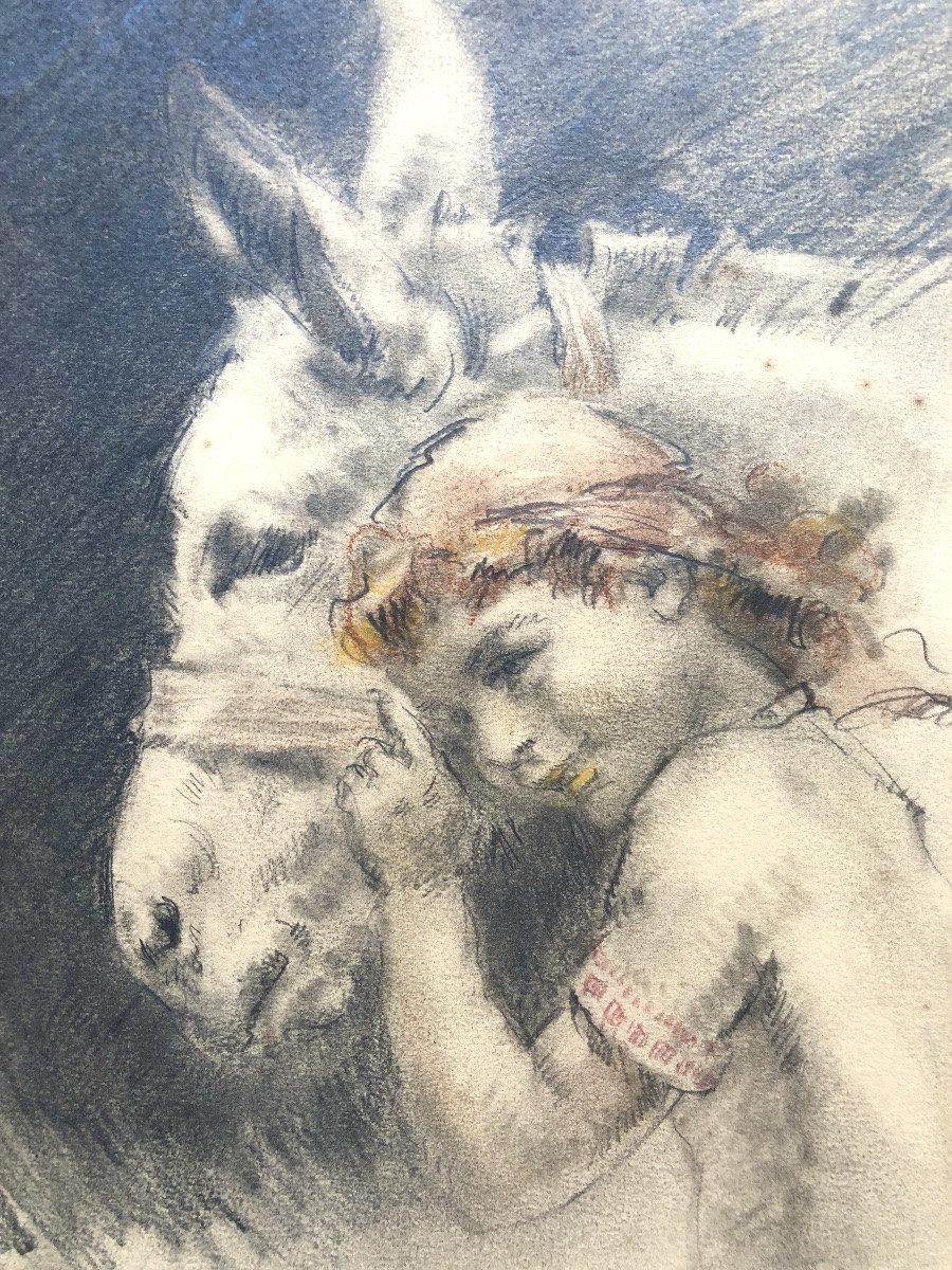 Georges Villa (1883-1965) L'enfant et l'âne, Dessin coloré 1942, Art Déco-photo-4