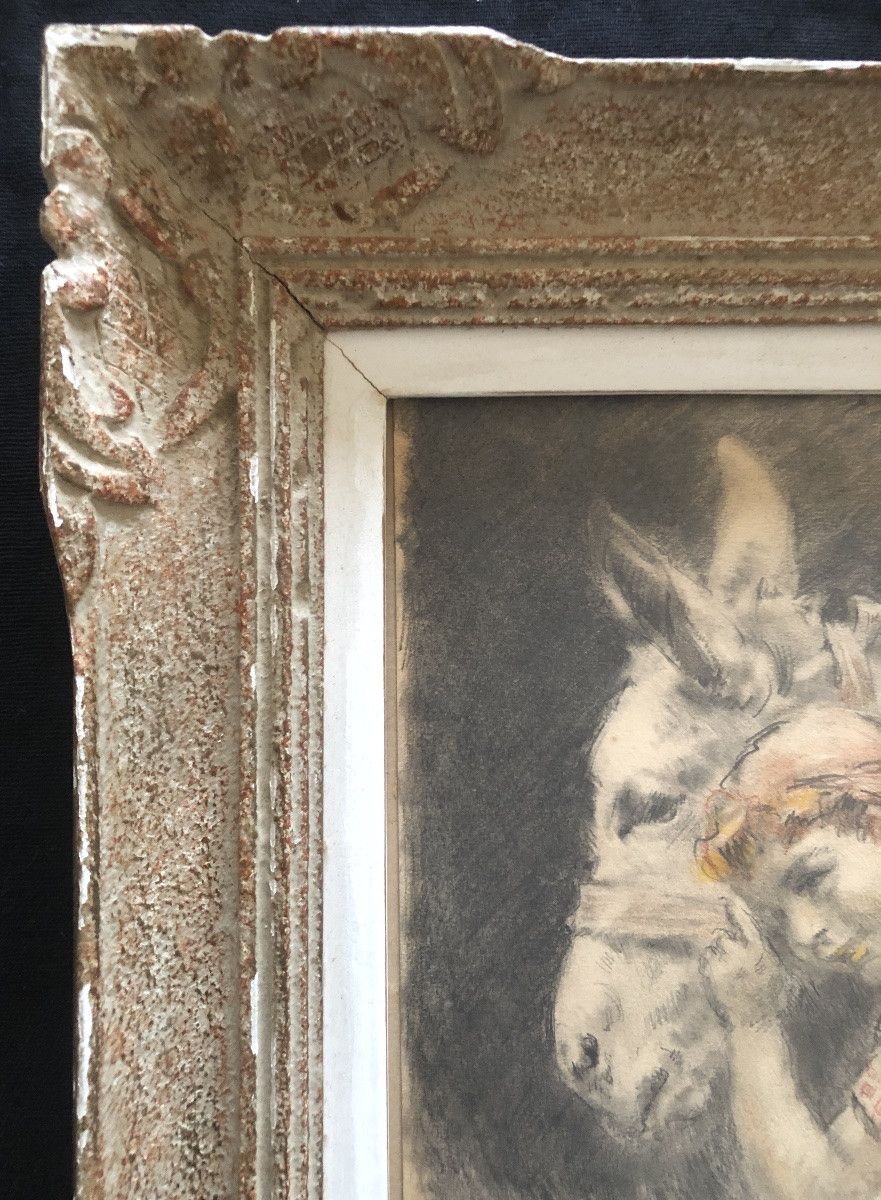 Georges Villa (1883-1965) L'enfant et l'âne, Dessin coloré 1942, Art Déco-photo-1