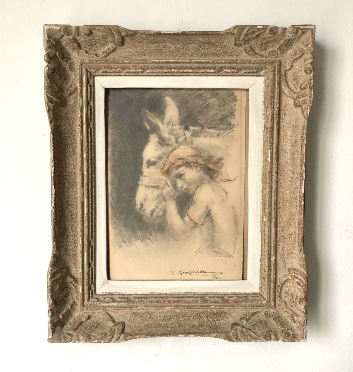 Georges Villa (1883-1965) L'enfant et l'âne, Dessin coloré 1942, Art Déco-photo-2