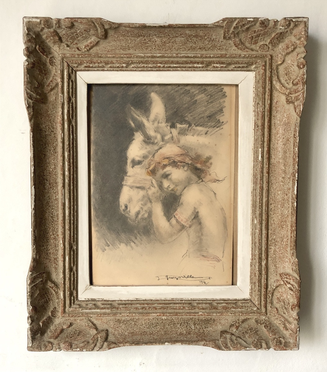 Georges Villa (1883-1965) L'enfant et l'âne, Dessin coloré 1942, Art Déco