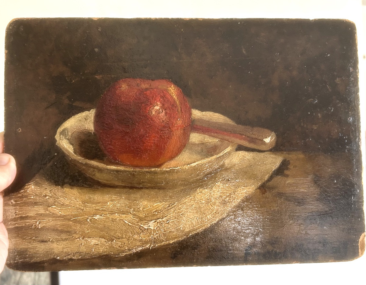 France Leplat (1895-1953) Nature morte au pomme, Huile sur carton -photo-1