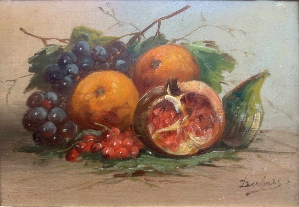 Nature morte, Art Nouveau, huile sur bois signée Dubois