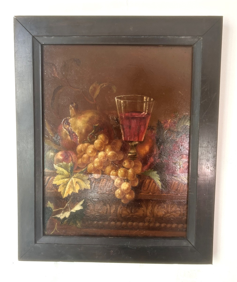 Still Life With Pomegranates, Strawberries And Grapes 19th Century, Oil On Wood-photo-4
