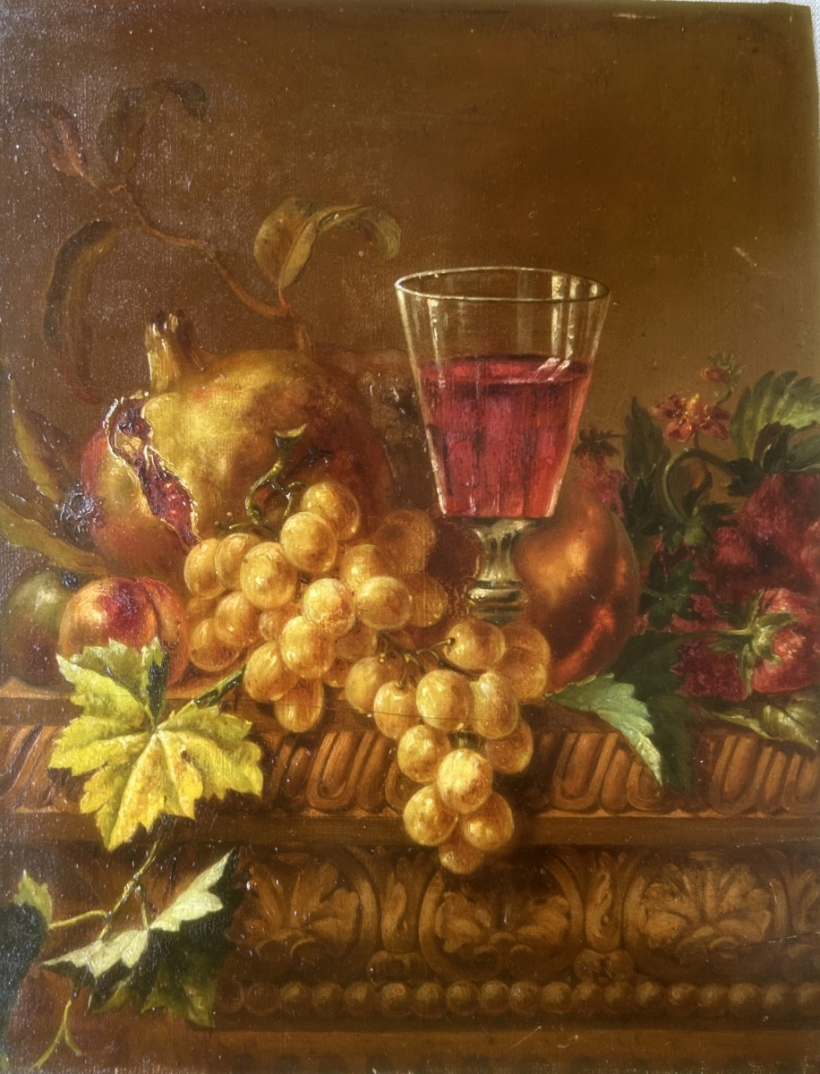 Still Life With Pomegranates, Strawberries And Grapes 19th Century, Oil On Wood