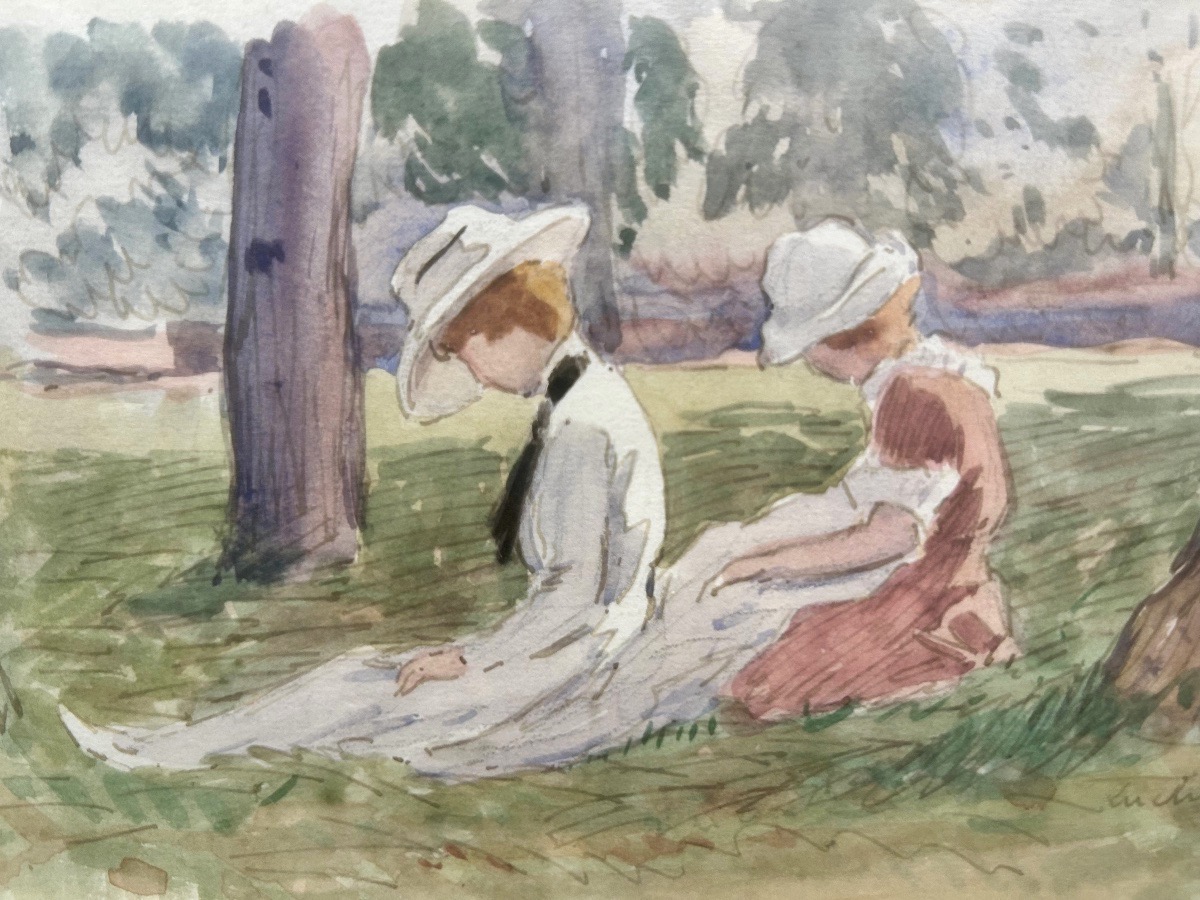 Luchon, 1920, Two Women In A Garden, Watercolor -photo-1