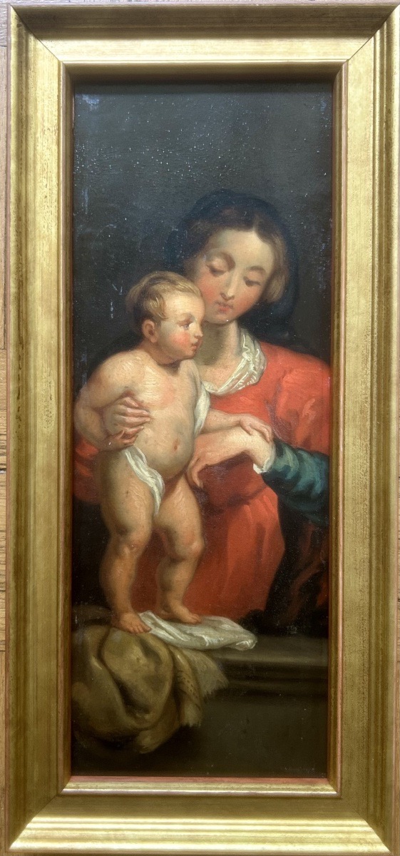 Vierge à l'enfant, huile sur bois XVII siècle-photo-2