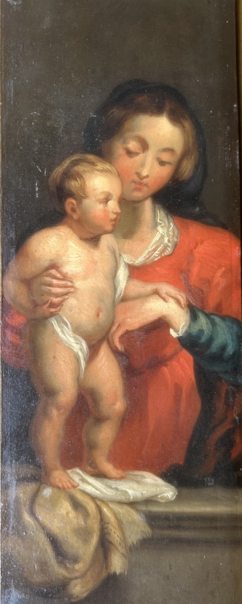 Vierge à l'enfant, huile sur bois XVII siècle-photo-3