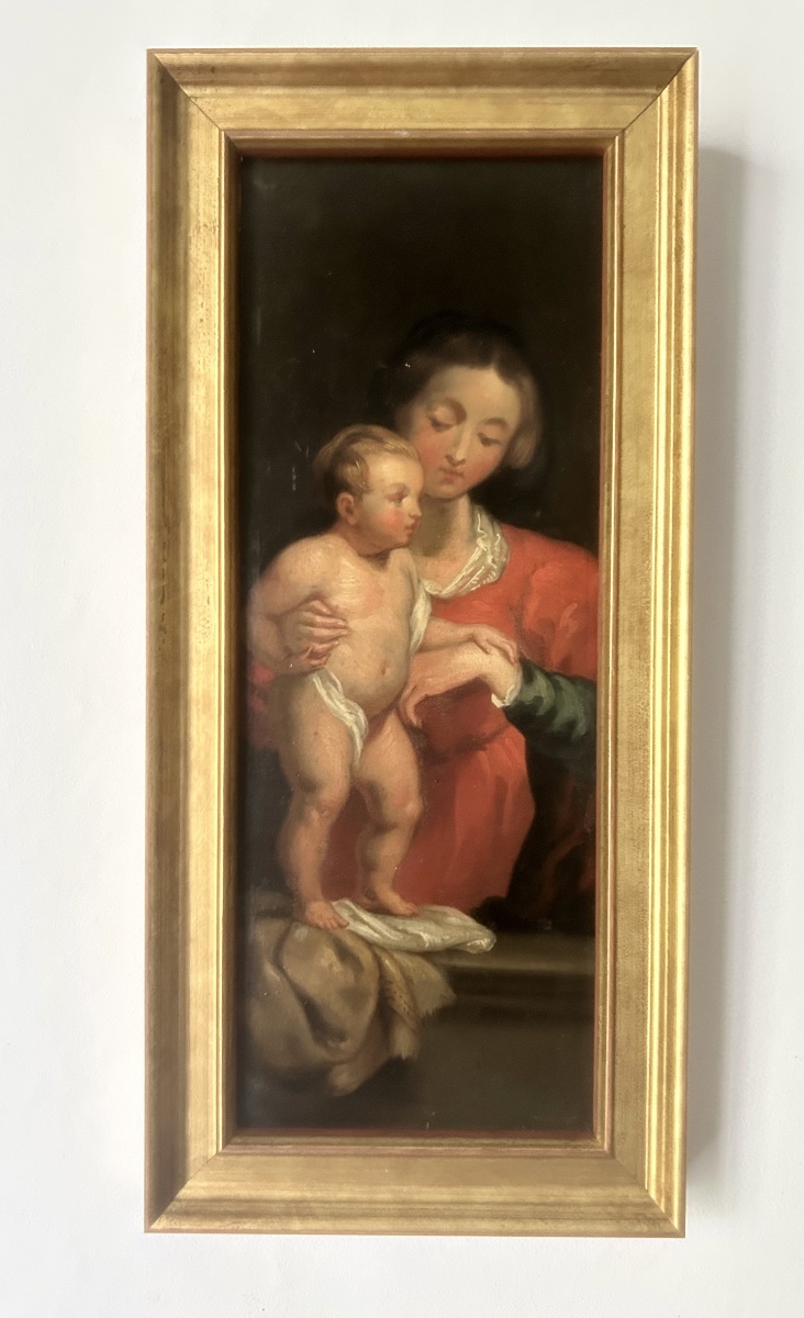 Vierge à l'enfant, huile sur bois XVII siècle-photo-1