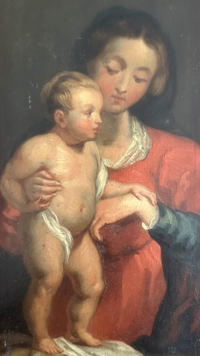 Vierge à l'enfant, huile sur bois XVII siècle