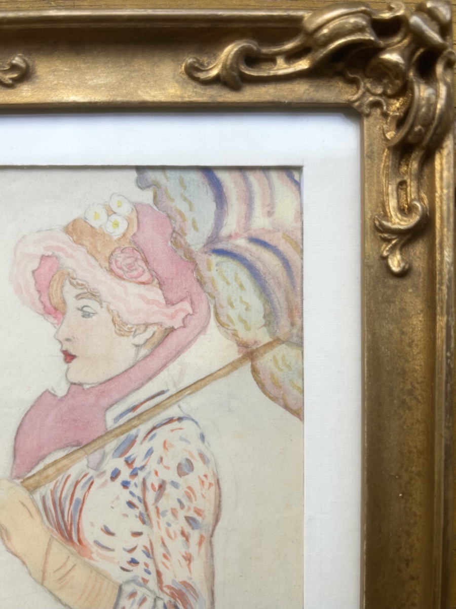 French School, Drawing And Watercolor, Young Woman With A Parasol  Art Nouveau-photo-2