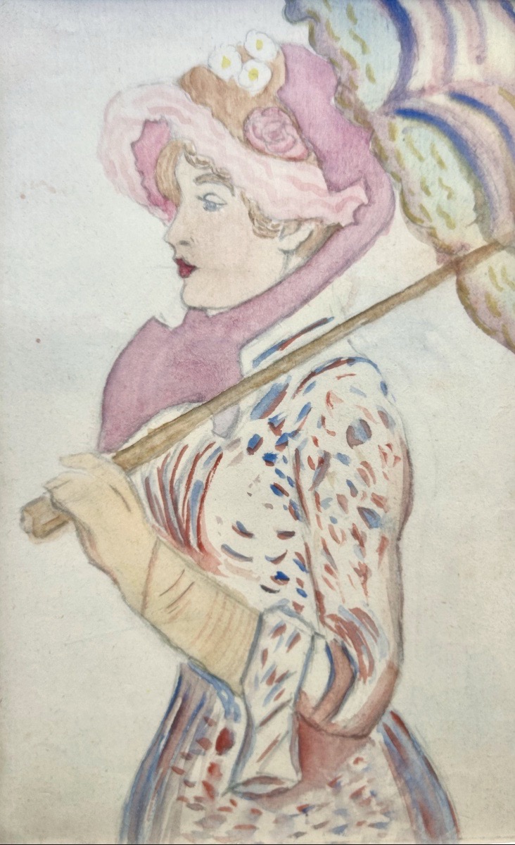 French School, Drawing And Watercolor, Young Woman With A Parasol  Art Nouveau-photo-3