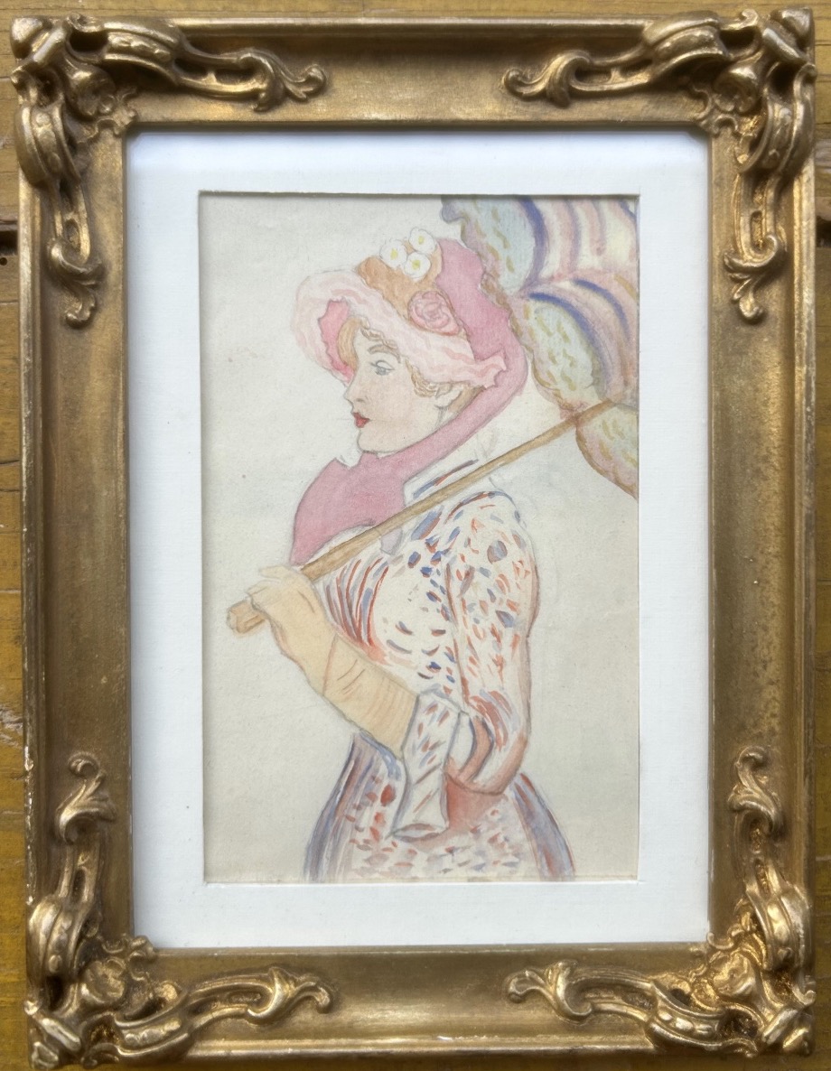 French School, Drawing And Watercolor, Young Woman With A Parasol  Art Nouveau