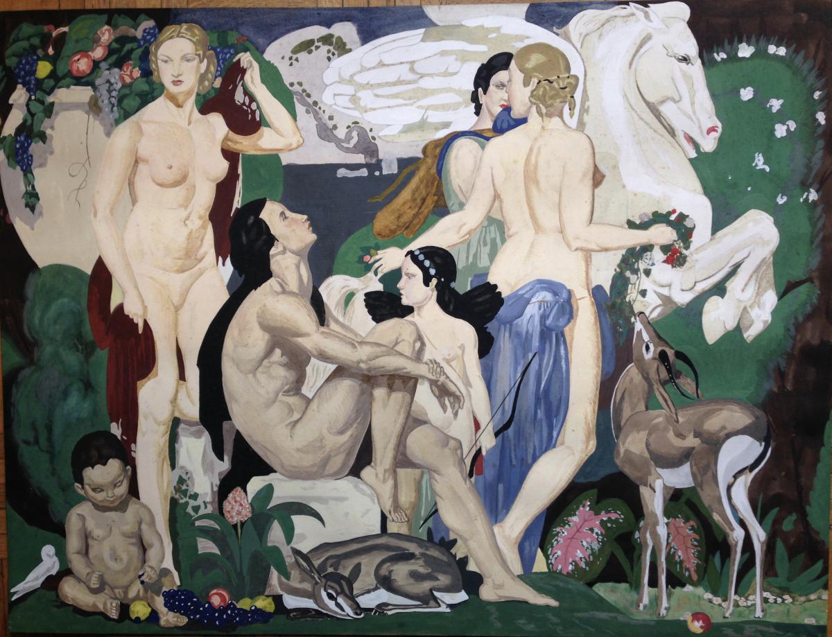 Scène Mythologique "la Voix De Pan" Gouache Des Années 1930