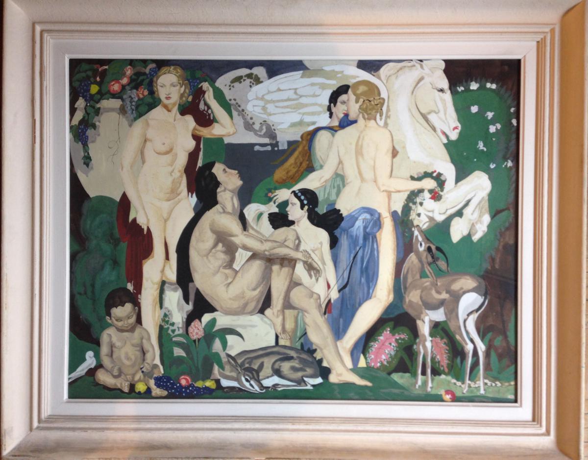 Scène Mythologique "la Voix De Pan" Gouache Des Années 1930-photo-2