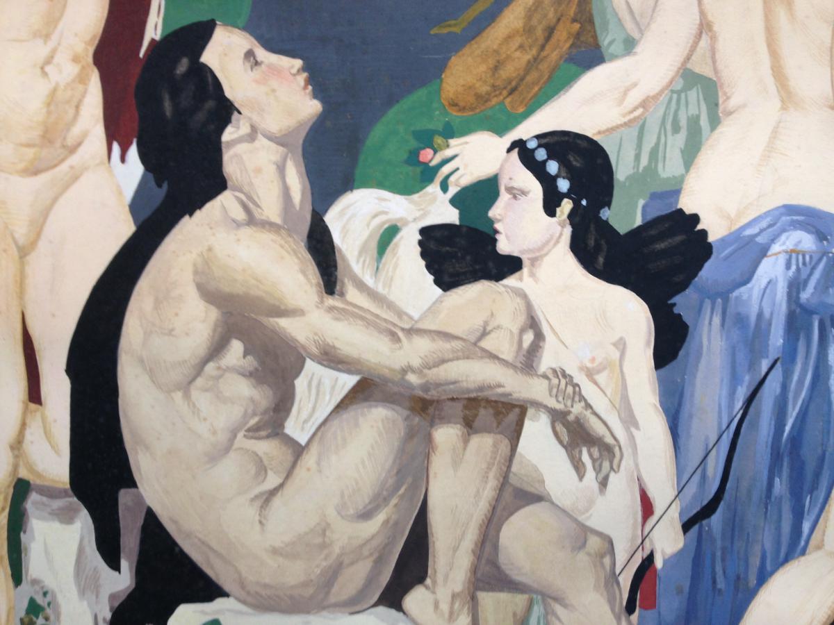 Scène Mythologique "la Voix De Pan" Gouache Des Années 1930-photo-4