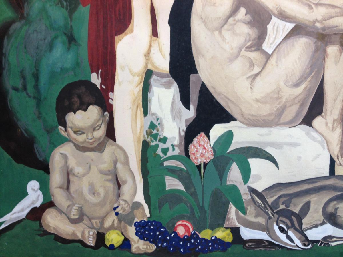 Scène Mythologique "la Voix De Pan" Gouache Des Années 1930-photo-1