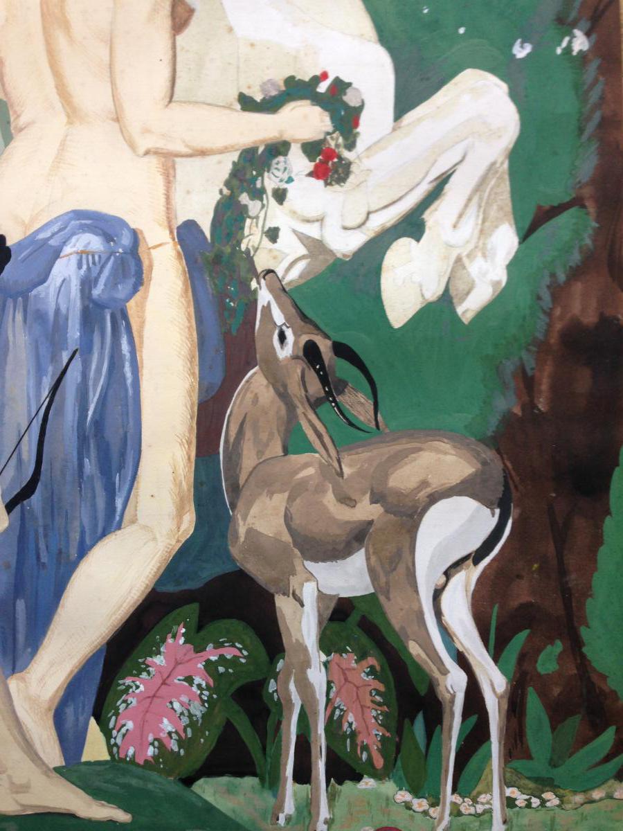 Scène Mythologique "la Voix De Pan" Gouache Des Années 1930-photo-3
