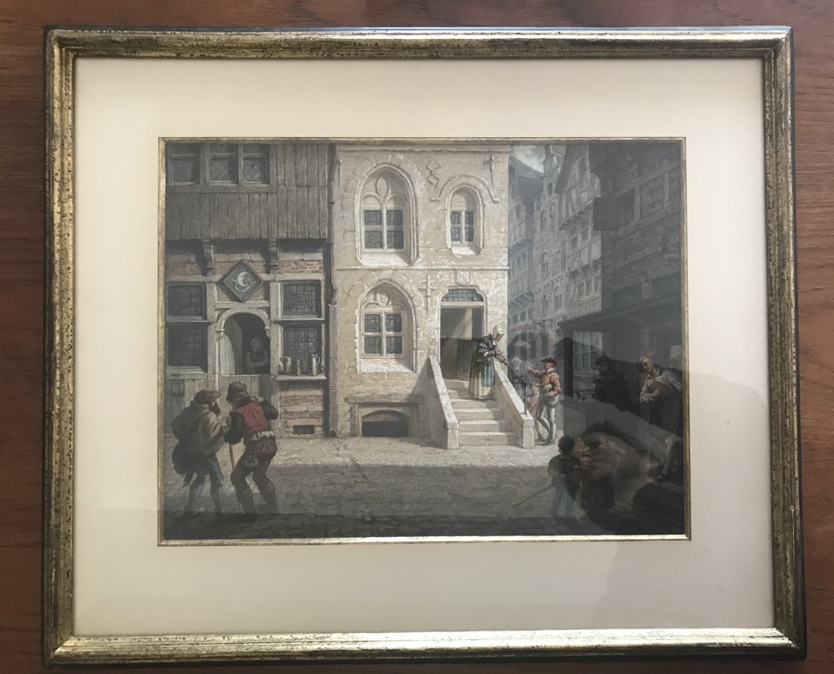 Anker Lund (1840-1922) Dutch Street Scene 1857 Gouache-photo-4