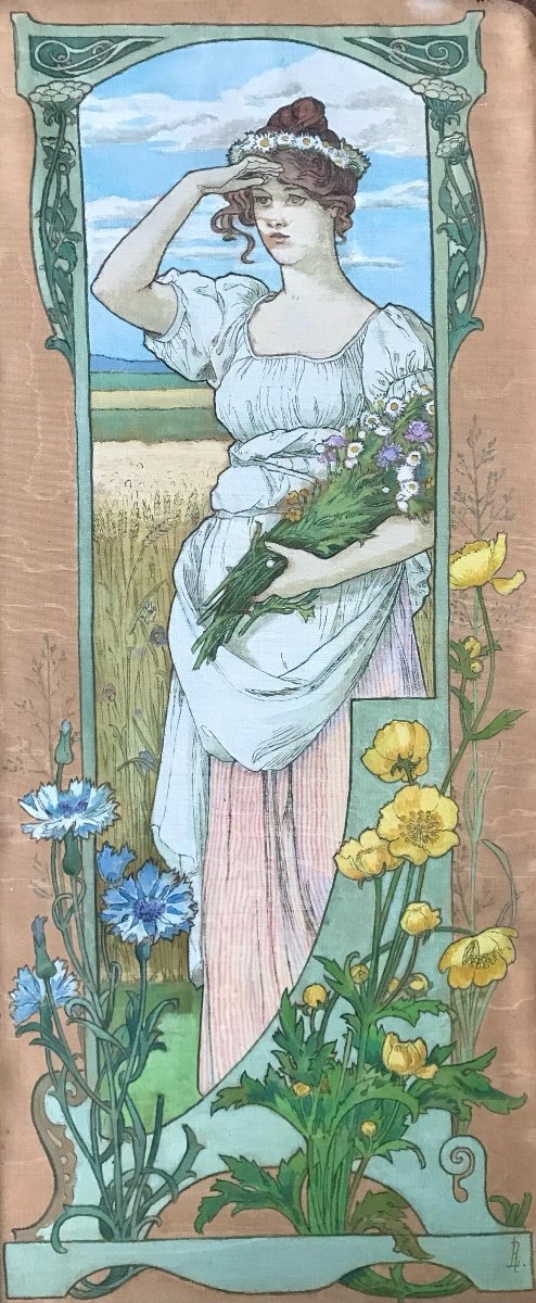 René Lelong (1871-1938) Art Nouveau Femme Aux Fleurs, 1900