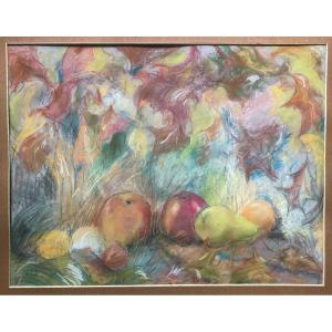 Large Pastel Still Life With Fruits Early XX Century Signed