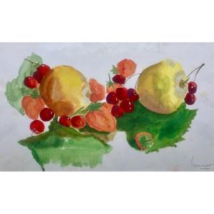 Lecuyer ( XX  Siècle) Nature Morte Aux Fraises Et Cerises, Années 1940