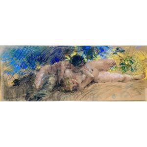 Antoine Calbet (1860-1944) Naked Woman With Fauna, Art Nouveau, Large Pastel Early XX